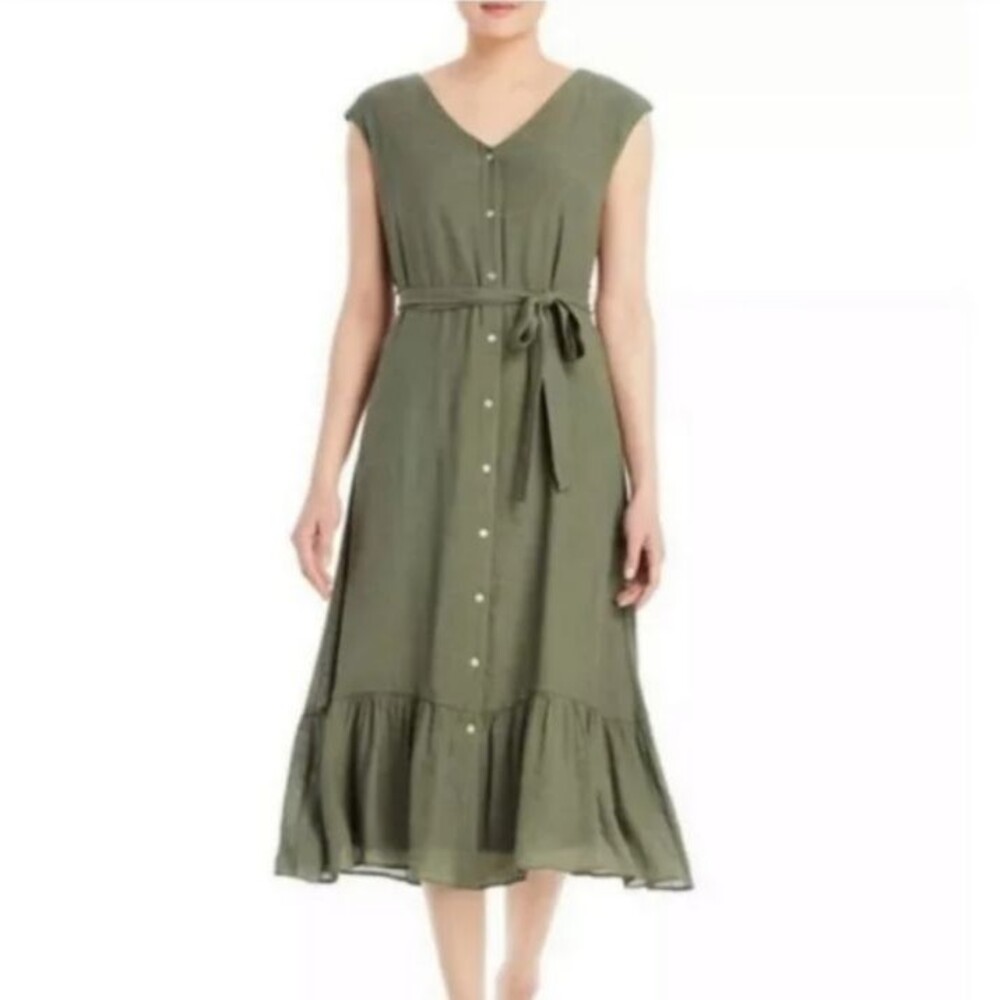Nanette Lepore Dress Womens 14 Olive Green Midi Button Front Belted Coastal Boho
